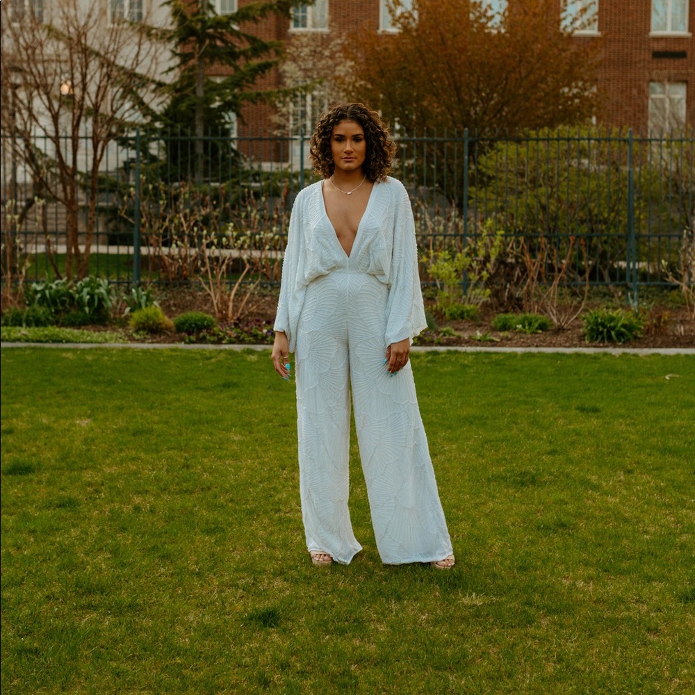 Beaded kimono sleeve wide leg wedding jumpsuit
